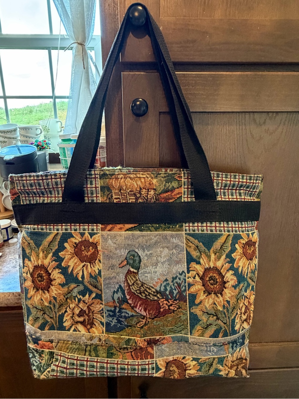 Vtg Bovano Tapestry Tote Bag Purse duck sunflowers